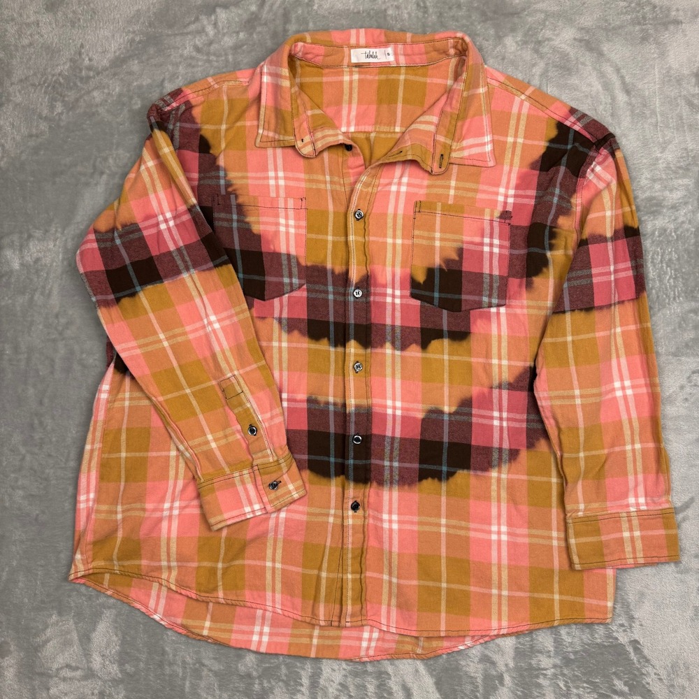 Pink Mustard Plaid Bleached Oversized Flannel Button Up S Boho Grunge Lagenlook